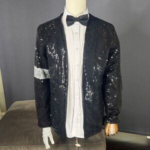 Adult Men’s Black Sequin Jacket White Glove Michael Jackson Costume Halloween XS
